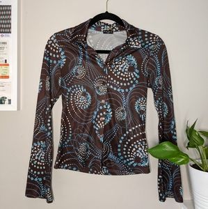 Y2K Polka Dot and Swirl Brown and Blue Blouse